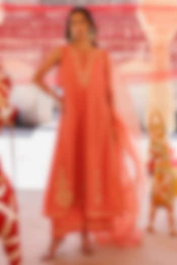 Rust Orange Chanderi Aari Embroidered Kurta Set by Bannhi by Priyanka Rathore at Pernia's Pop Up Shop