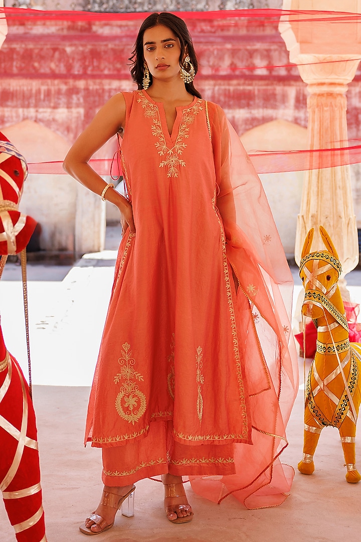 Rust Orange Chanderi Aari Embroidered Kurta Set by Bannhi by Priyanka Rathore at Pernia's Pop Up Shop