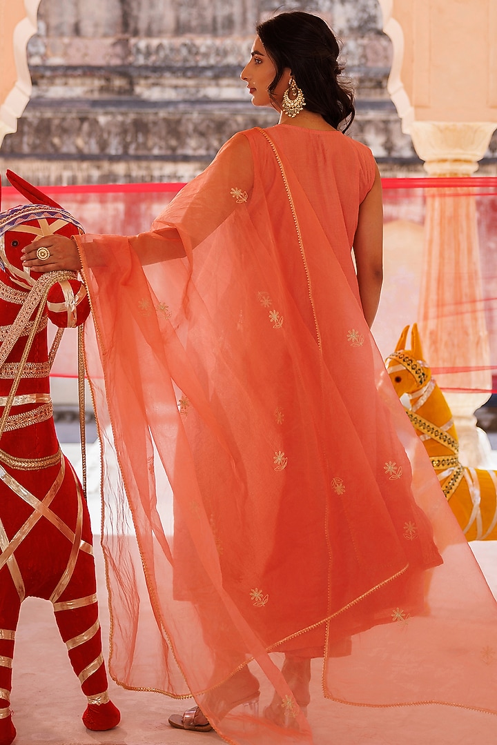 Rust Orange Chanderi Aari Embroidered Kurta Set by Bannhi by Priyanka Rathore at Pernia's Pop Up Shop