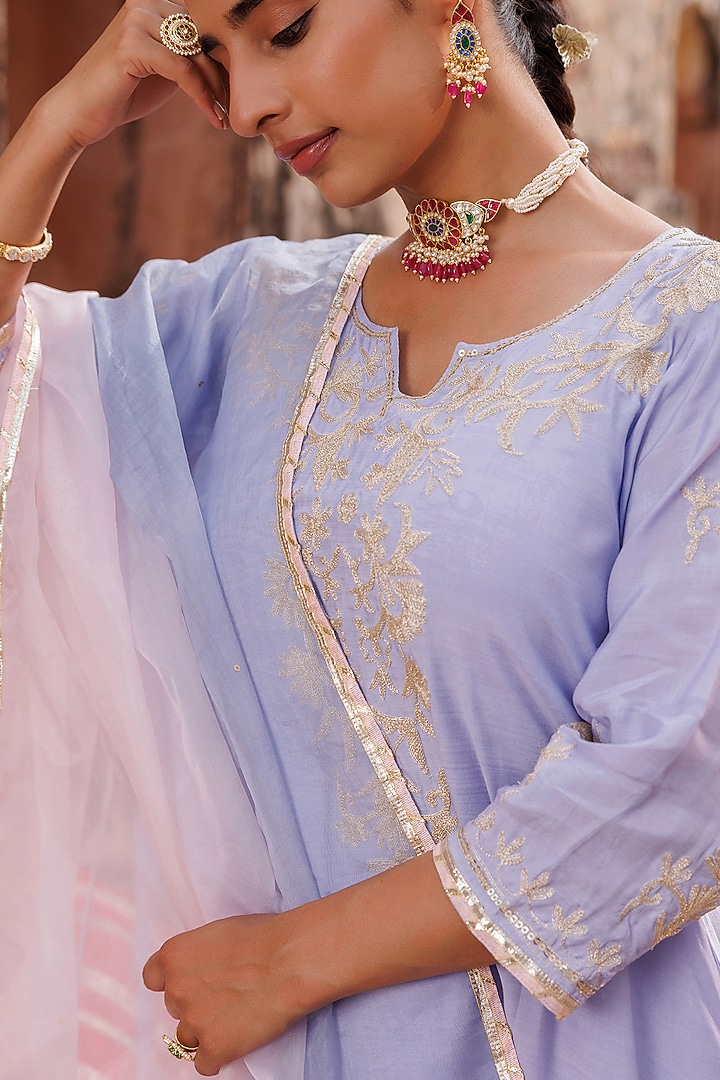 Baby Lavender Chanderi Aari Embroidered Kurta Set by Bannhi by Priyanka Rathore at Pernia's Pop Up Shop