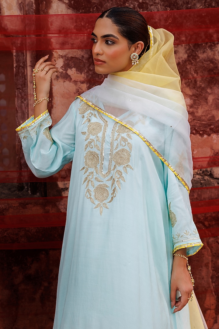 Pastel Blue Lavender Chanderi Aari Embroidered Kurta Set by Bannhi by Priyanka Rathore at Pernia's Pop Up Shop