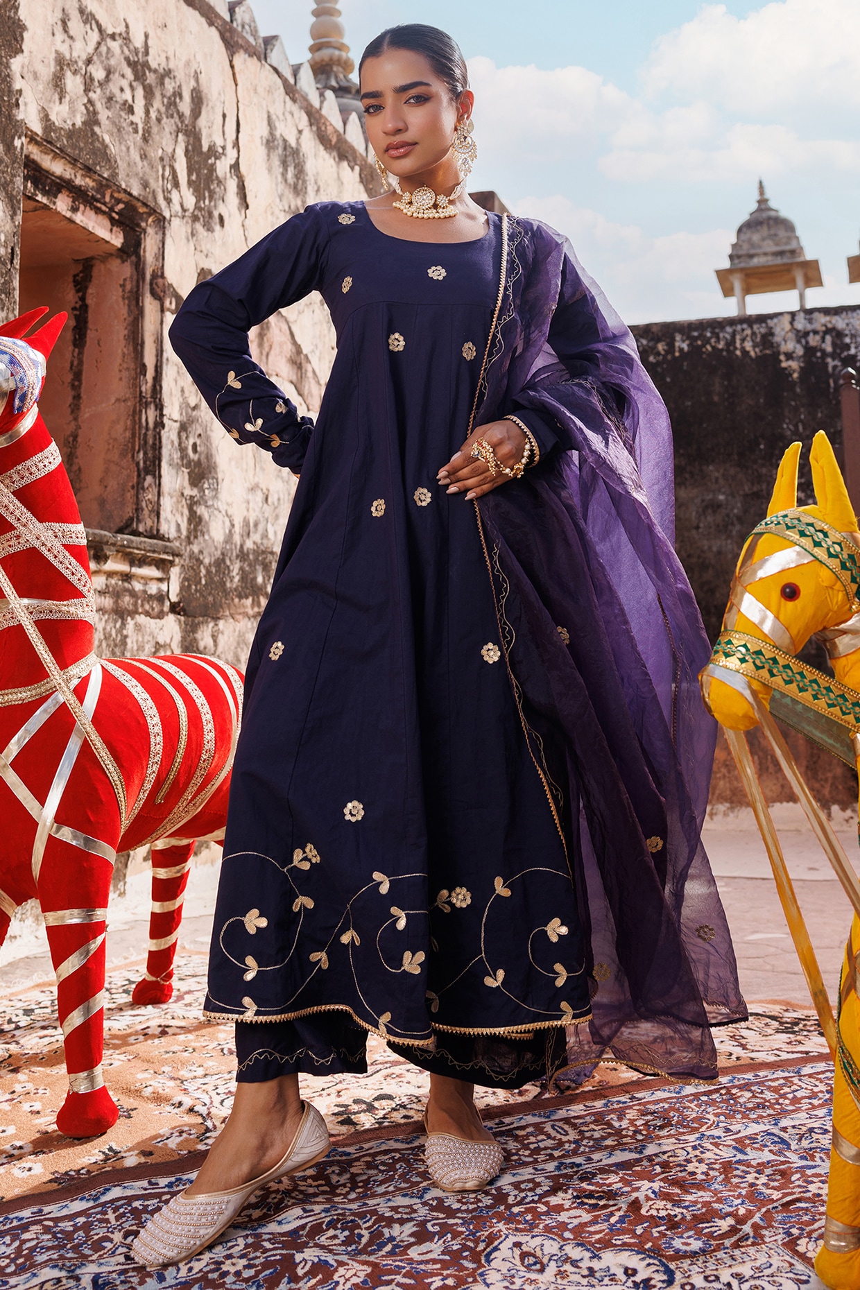 Bannhi by Priyanka Rathore Navy Blue Cotton Gota Patti & Aari Embroidered Anarkali Set