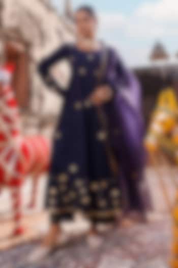 Navy Blue Cotton Gota Patti & Aari Embroidered Anarkali Set by Bannhi by Priyanka Rathore at Pernia's Pop Up Shop