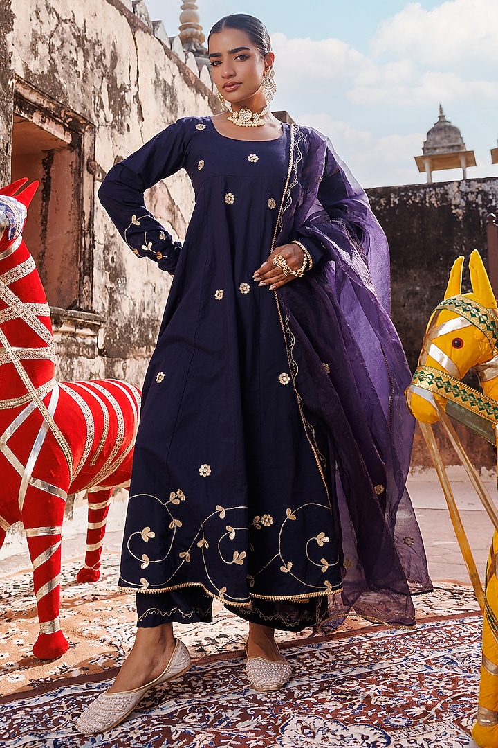 Navy Blue Cotton Gota Patti & Aari Embroidered Anarkali Set by Bannhi by Priyanka Rathore at Pernia's Pop Up Shop