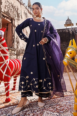 Navy Blue Cotton Gota Patti & Aari Embroidered Anarkali Set by Bannhi by Priyanka Rathore