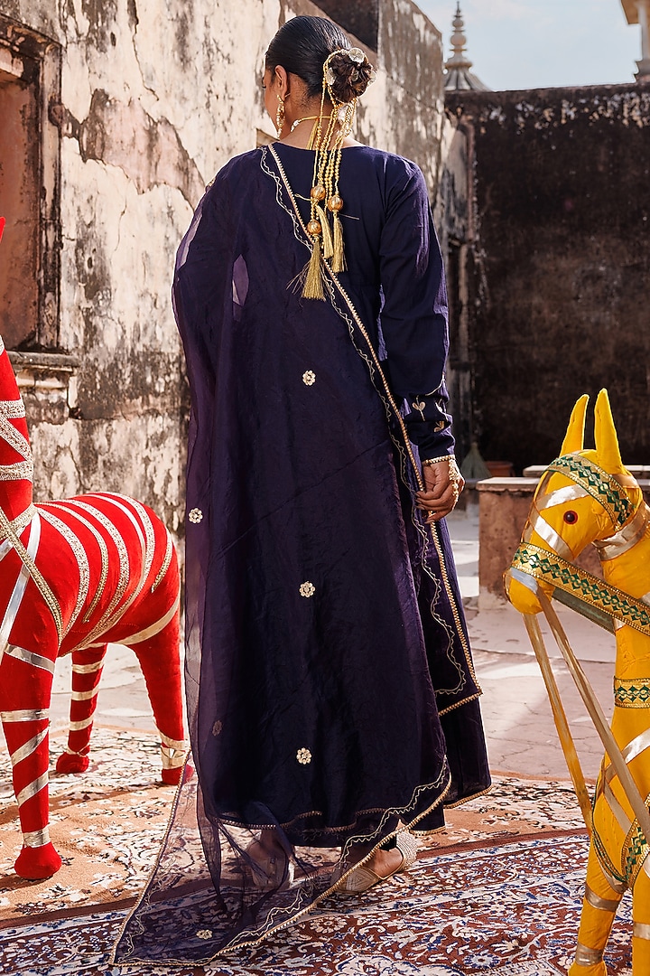 Navy Blue Cotton Gota Patti & Aari Embroidered Anarkali Set by Bannhi by Priyanka Rathore at Pernia's Pop Up Shop