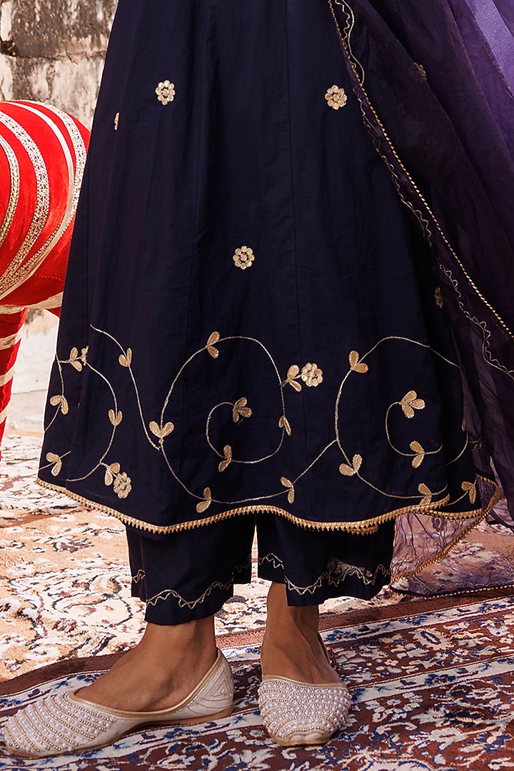 Navy Blue Cotton Gota Patti & Aari Embroidered Anarkali Set by Bannhi by Priyanka Rathore at Pernia's Pop Up Shop