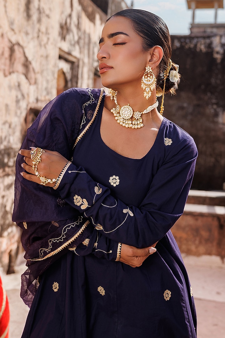 Navy Blue Cotton Gota Patti & Aari Embroidered Anarkali Set by Bannhi by Priyanka Rathore at Pernia's Pop Up Shop