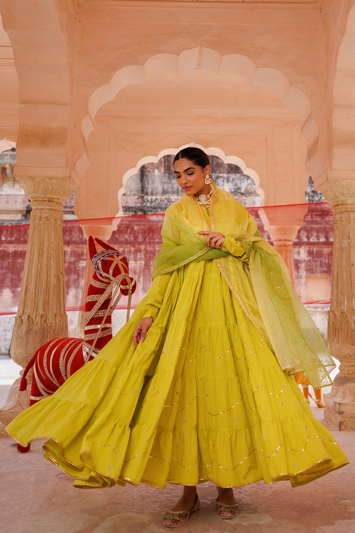 Bannhi by Priyanka Rathore Green Cotton Aari Embroidered Tiered Anarkali Set