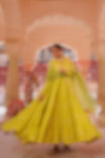 Green Cotton Aari Embroidered Tiered Party Wear Anarkali Set by Bannhi by Priyanka Rathore at Pernia's Pop Up Shop
