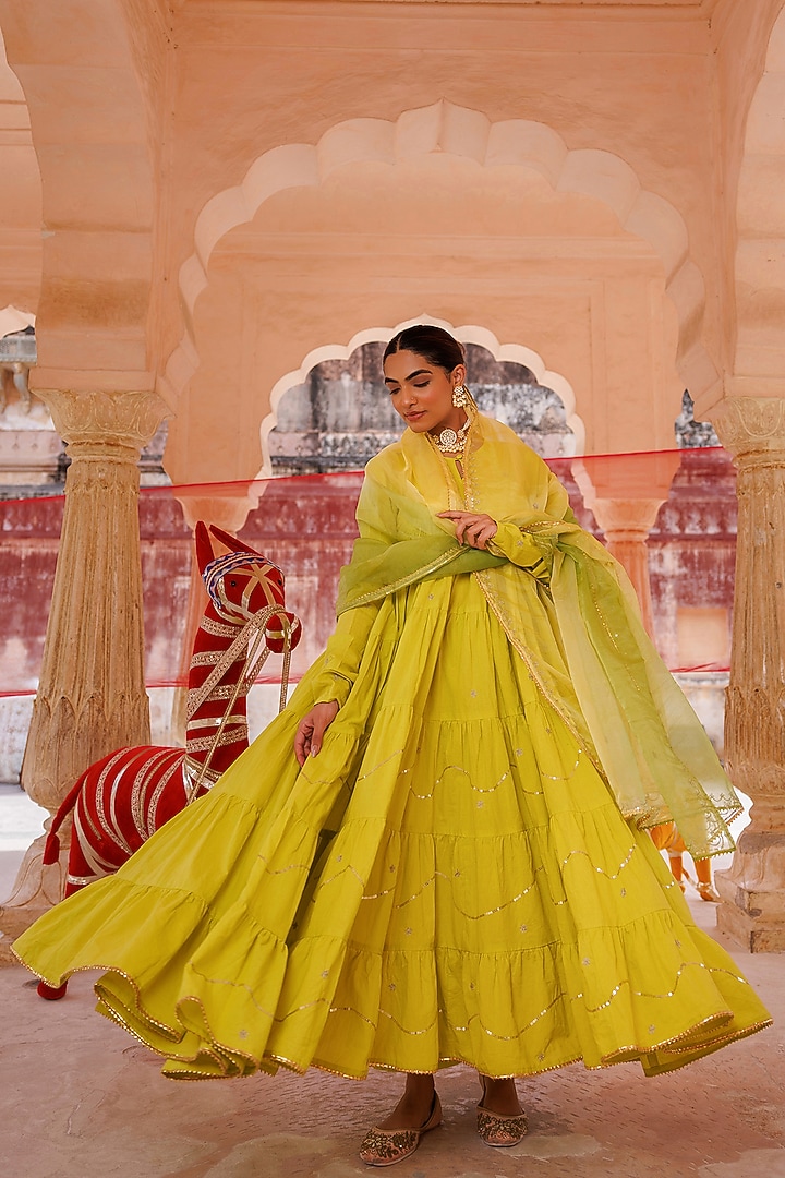 Green Cotton Aari Embroidered Tiered Party Wear Anarkali Set by Bannhi by Priyanka Rathore at Pernia's Pop Up Shop