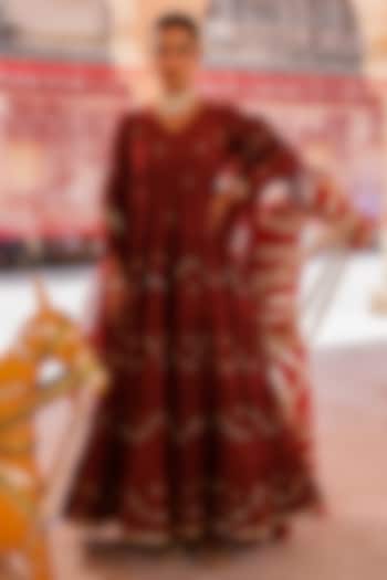 Maroon Cotton Aari Embroidered Tiered Party Wear Anarkali Set by Bannhi by Priyanka Rathore at Pernia's Pop Up Shop