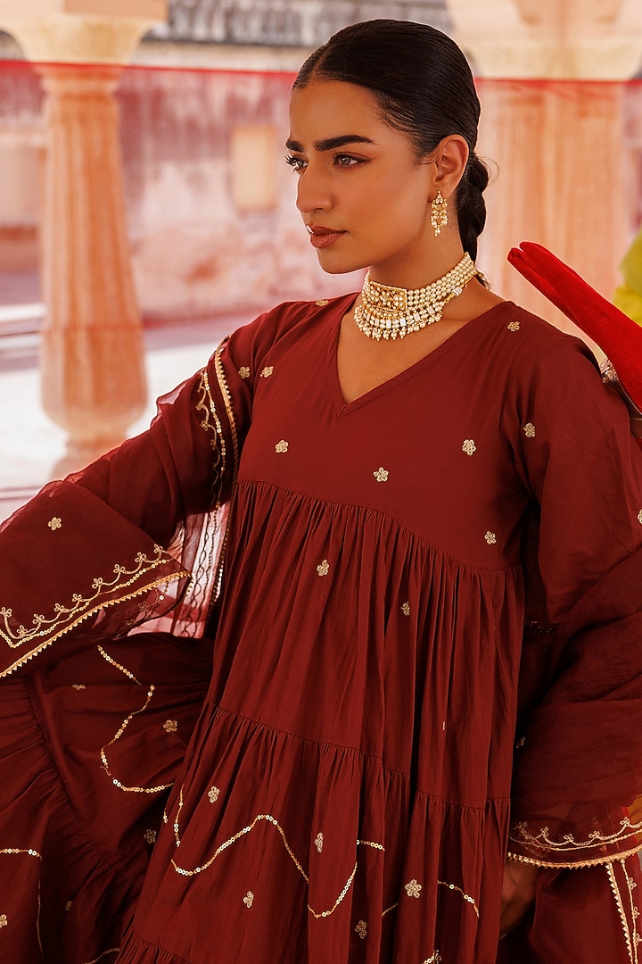 Maroon Cotton Aari Embroidered Tiered Party Wear Anarkali Set by Bannhi by Priyanka Rathore at Pernia's Pop Up Shop