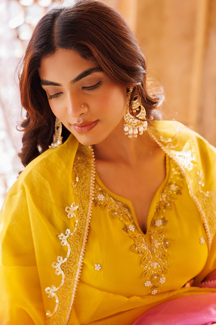 Yellow Uppada Silk Hand Embroidered Kurta Set by Bannhi by Priyanka Rathore at Pernia's Pop Up Shop