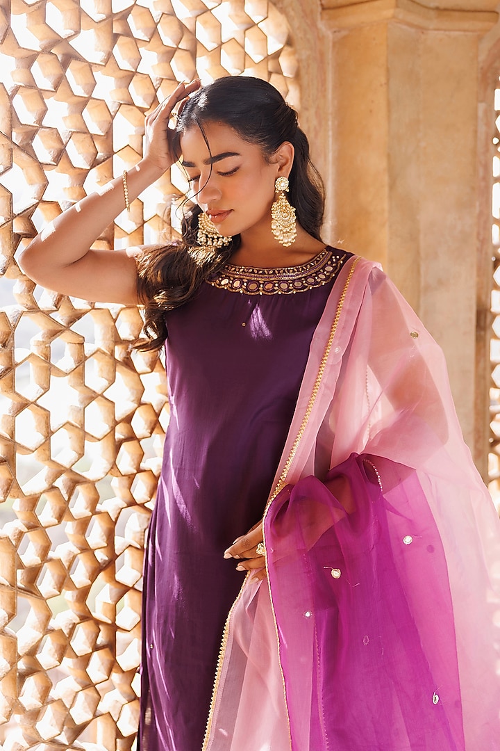 Wine Uppada Silk Hand Embroidered Kurta Set by Bannhi by Priyanka Rathore at Pernia's Pop Up Shop