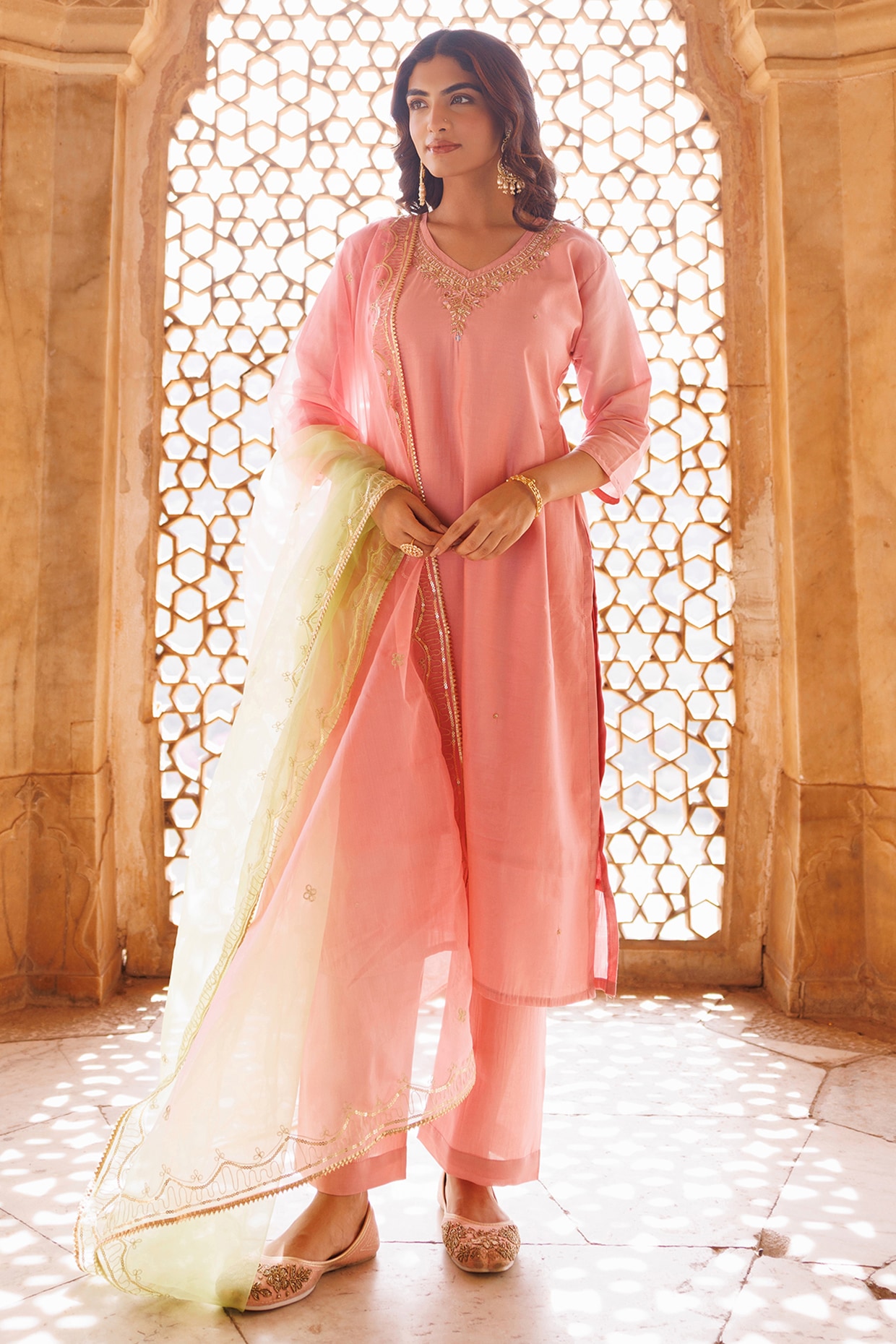 Bannhi by Priyanka Rathore Pink Uppada Silk Hand Embroidered Kurta Set