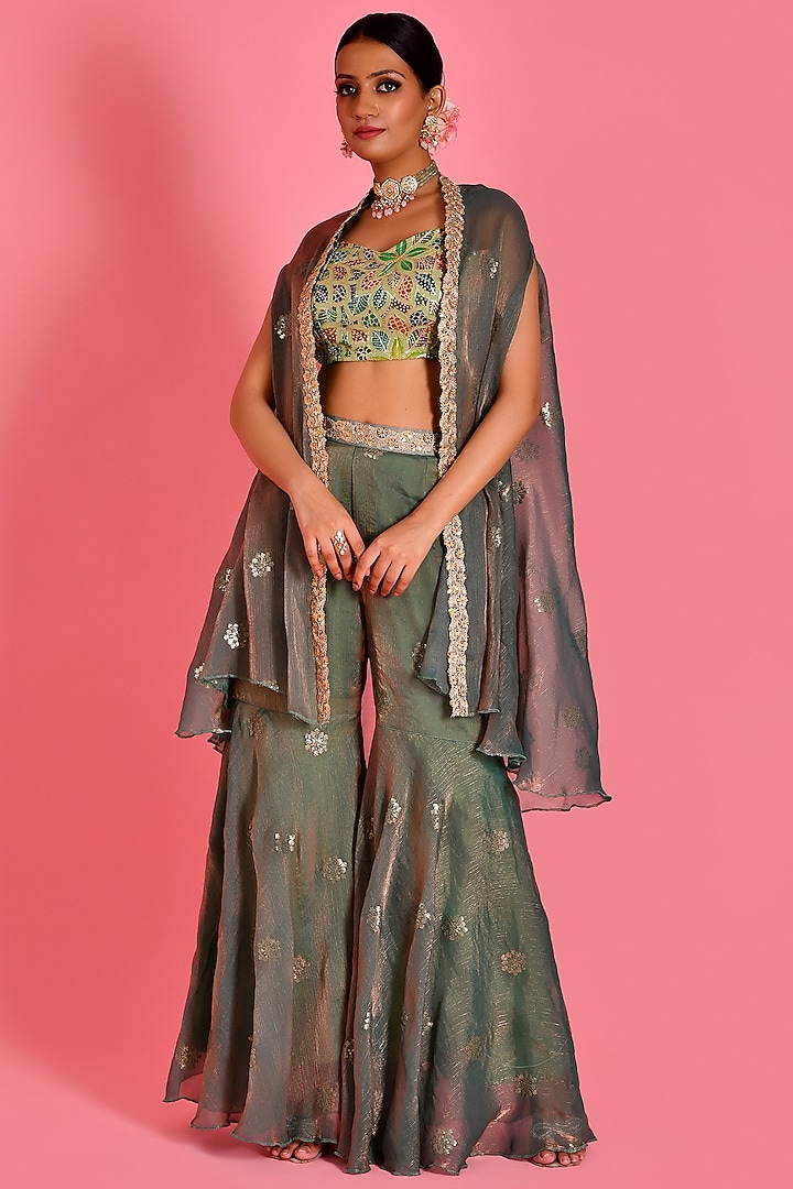 Green Tissue Organza & Georgette Embroidered Cape Set by Bannhi at Pernia's Pop Up Shop