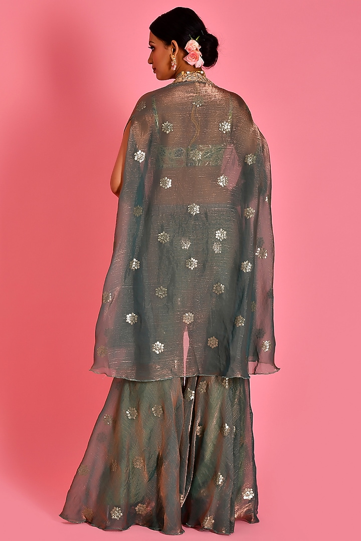 Green Tissue Organza & Georgette Embroidered Cape Set by Bannhi by Priyanka Rathore at Pernia's Pop Up Shop