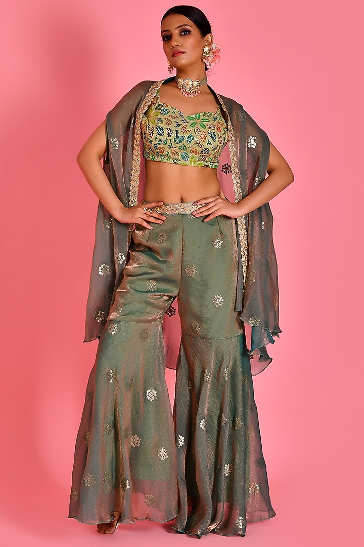 Green Tissue Organza & Georgette Embroidered Cape Set by Bannhi by Priyanka Rathore at Pernia's Pop Up Shop