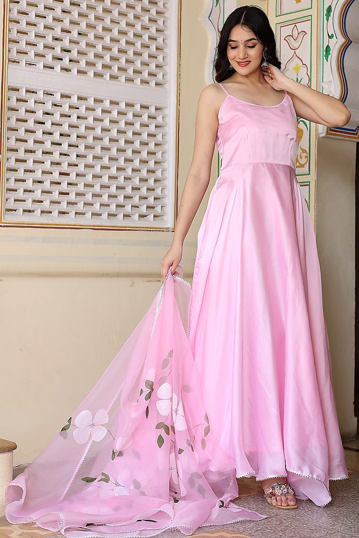 Pink Satin Silk Party Wear Anarkali Set by Bannhi by Priyanka Rathore at Pernia's Pop Up Shop