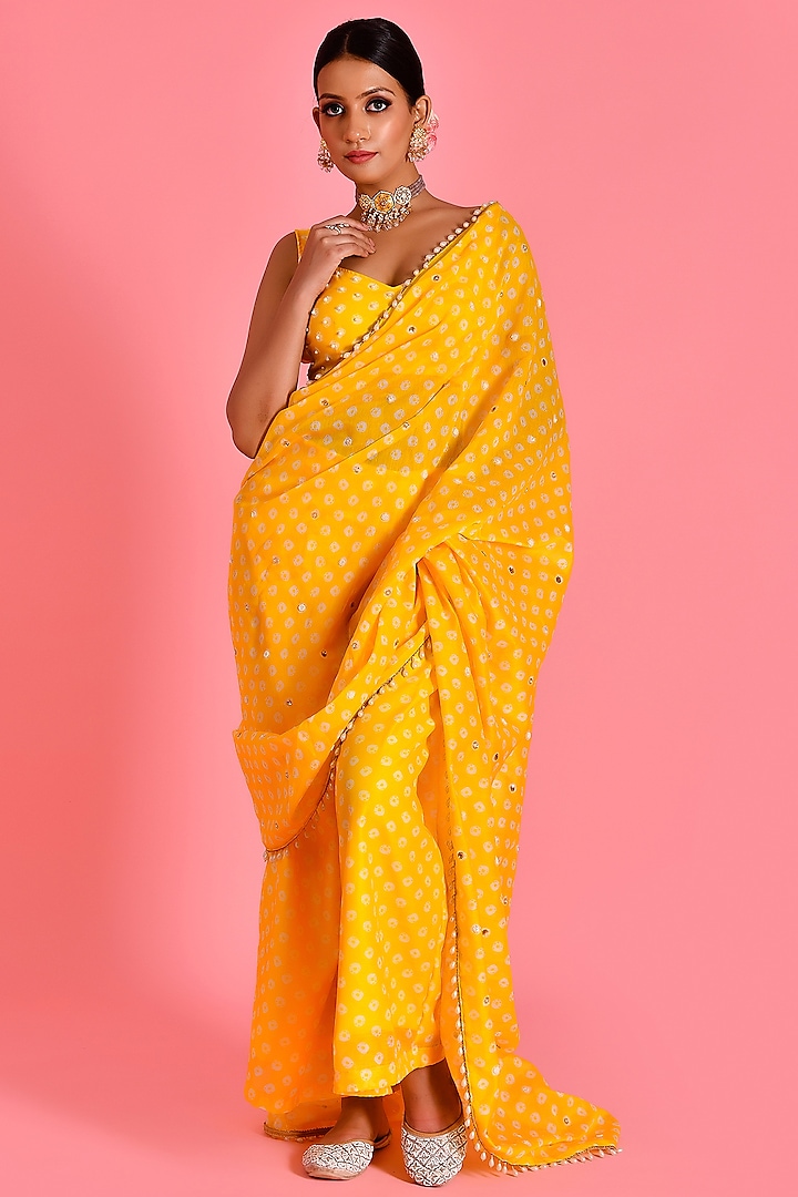 Yellow Chanderi Cotton Bandhani Printed & Hand Embroidered Pant Saree Set by Bannhi at Pernia's Pop Up Shop