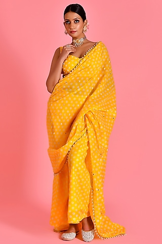 Yellow Chanderi Cotton Bandhani Printed & Hand Embroidered Pant Saree Set by Bannhi by Priyanka Rathore