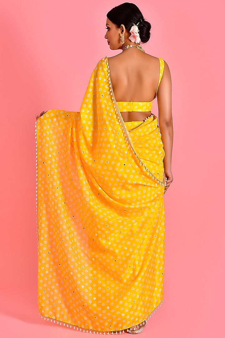 Yellow Chanderi Cotton Bandhani Printed & Hand Embroidered Pant Wedding Saree Set by Bannhi by Priyanka Rathore at Pernia's Pop Up Shop
