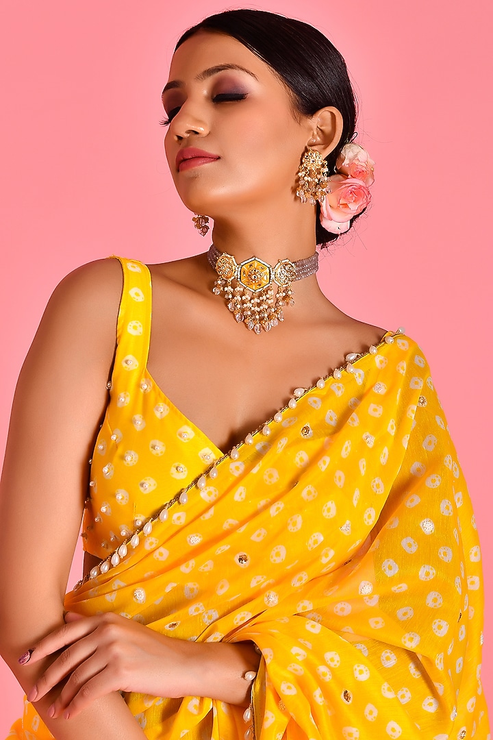 Yellow Chanderi Cotton Bandhani Printed & Hand Embroidered Pant Wedding Saree Set by Bannhi by Priyanka Rathore at Pernia's Pop Up Shop