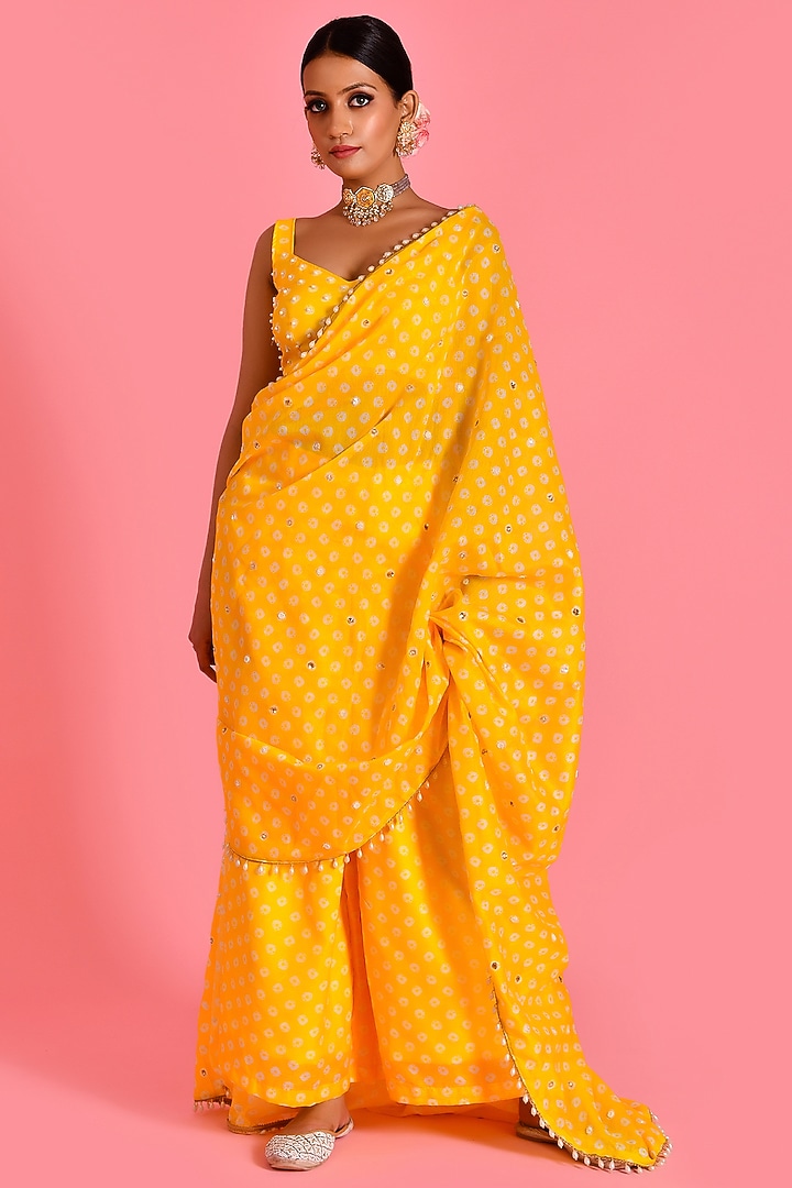 Yellow Chanderi Cotton Bandhani Printed & Hand Embroidered Pant Wedding Saree Set by Bannhi by Priyanka Rathore at Pernia's Pop Up Shop