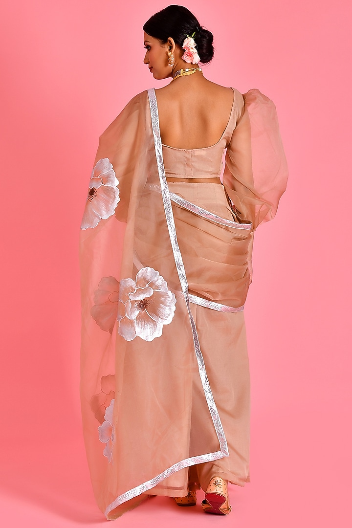 Beige Organza Hand Painted & Gota Embroidered Pant Wedding Saree Set by Bannhi by Priyanka Rathore at Pernia's Pop Up Shop