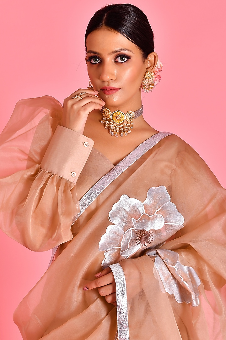 Beige Organza Hand Painted & Gota Embroidered Pant Wedding Saree Set by Bannhi by Priyanka Rathore at Pernia's Pop Up Shop