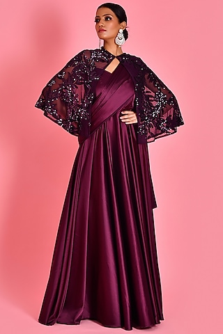 Wine Satin Sequins Hand Embroidered Gown Saree by Bannhi by Priyanka Rathore