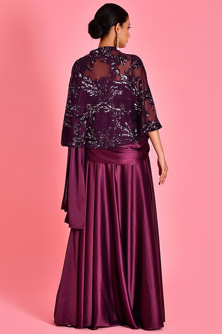 Wine Satin Sequins Hand Embroidered Wedding Gown Saree by Bannhi by Priyanka Rathore at Pernia's Pop Up Shop