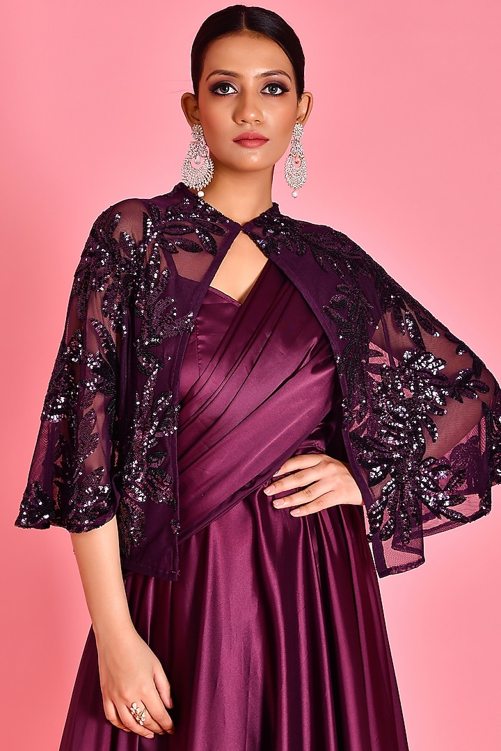 Wine Satin Sequins Hand Embroidered Wedding Gown Saree by Bannhi by Priyanka Rathore at Pernia's Pop Up Shop