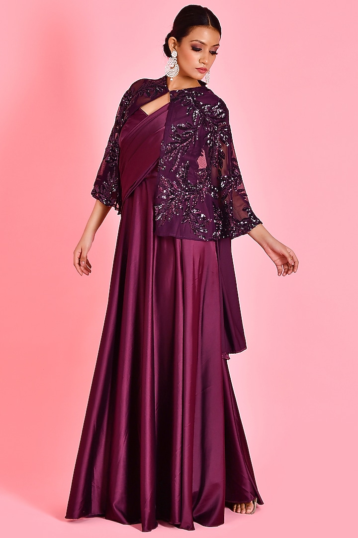 Wine Satin Sequins Hand Embroidered Wedding Gown Saree by Bannhi by Priyanka Rathore at Pernia's Pop Up Shop