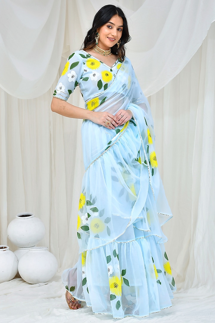 Blue Georgette Gota Embroidered Skirt Party Wear Saree Set by Bannhi by Priyanka Rathore at Pernia's Pop Up Shop