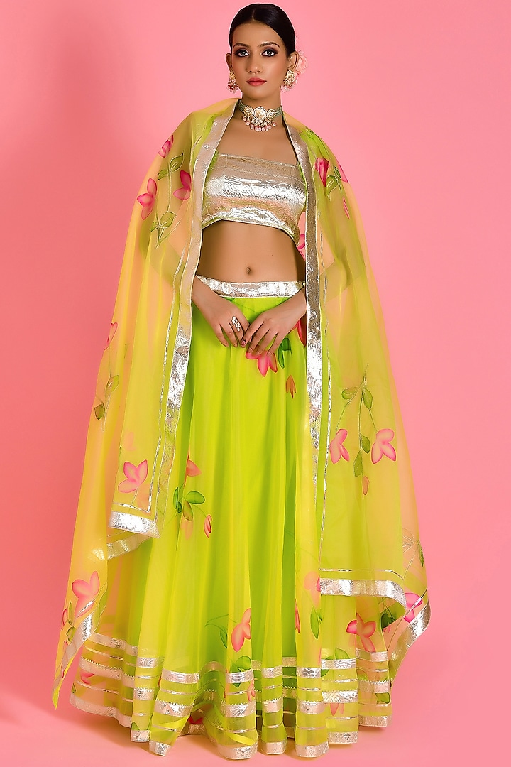 Lime Green Organza Hand Painted Lehenga Set by Bannhi