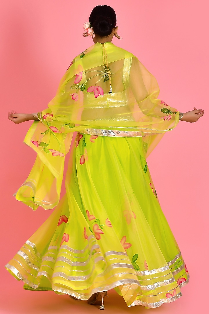 Lime Green Organza Hand Painted Wedding Lehenga Set by Bannhi by Priyanka Rathore at Pernia's Pop Up Shop