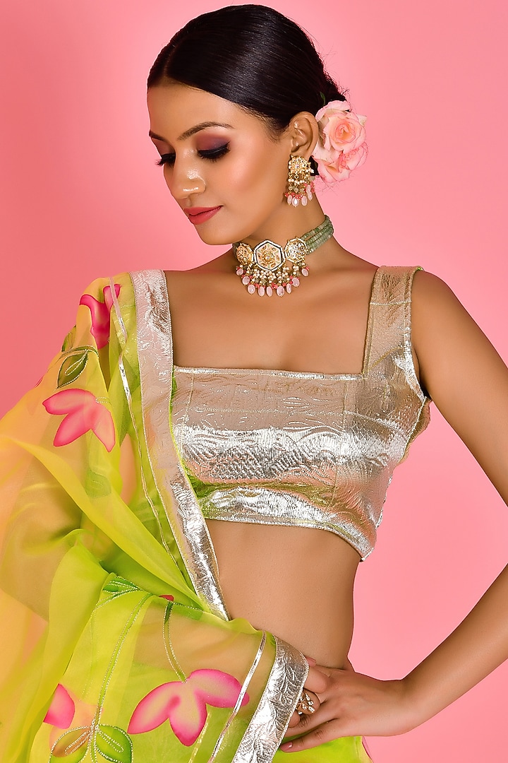 Lime Green Organza Hand Painted Wedding Lehenga Set by Bannhi by Priyanka Rathore at Pernia's Pop Up Shop