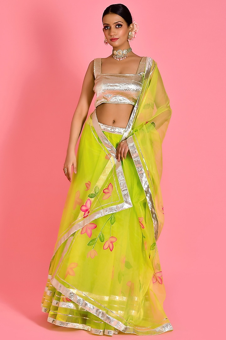 Lime Green Organza Hand Painted Wedding Lehenga Set by Bannhi by Priyanka Rathore at Pernia's Pop Up Shop