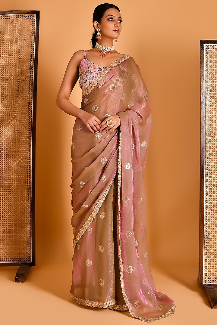 Pink Organza Sequins Embroidered Saree Set by Bannhi at Pernia's Pop Up Shop