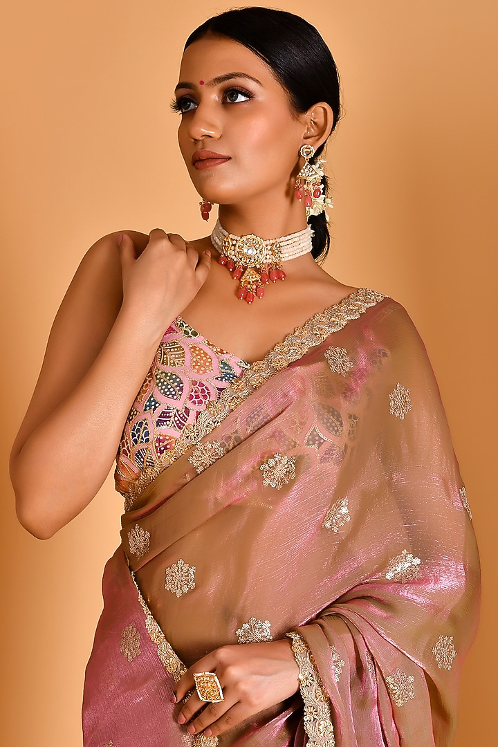 Pink Organza Sequins Embroidered Wedding Saree Set by Bannhi by Priyanka Rathore at Pernia's Pop Up Shop