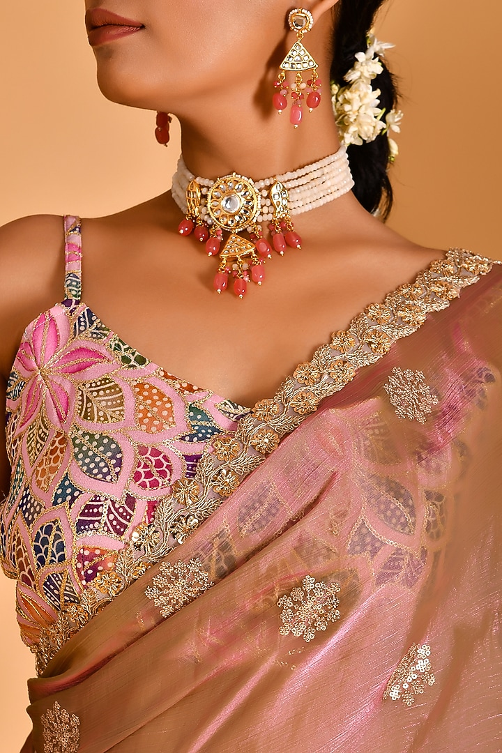 Pink Organza Sequins Embroidered Wedding Saree Set by Bannhi by Priyanka Rathore at Pernia's Pop Up Shop