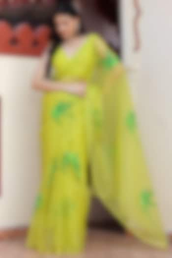 Green Organza Hand Painted Printed & Motif Embroidered Saree Set by Bannhi at Pernia's Pop Up Shop