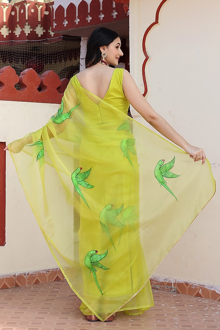 Green Organza Hand Painted Printed & Motif Embroidered Party Wear Saree Set by Bannhi by Priyanka Rathore at Pernia's Pop Up Shop
