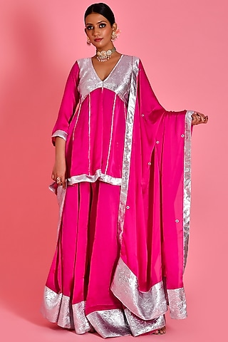 Magenta Pink Satin Silk Sharara Set by Bannhi by Priyanka Rathore