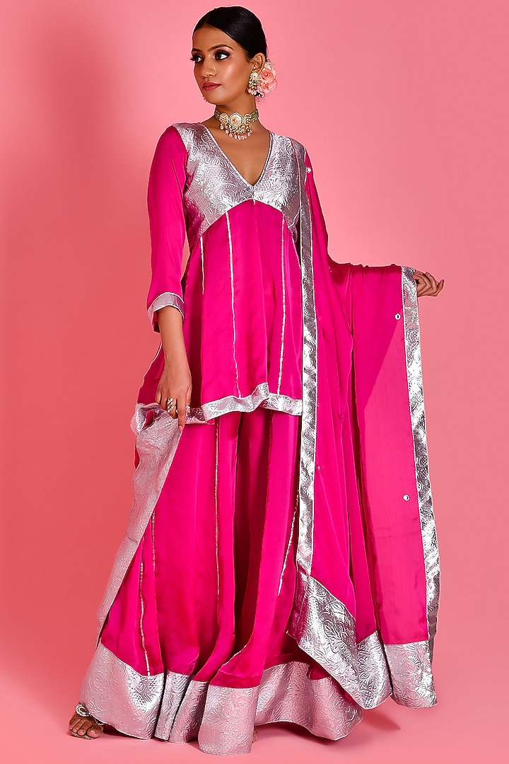 Magenta Pink Satin Silk Party Wear Sharara Set by Bannhi by Priyanka Rathore at Pernia's Pop Up Shop