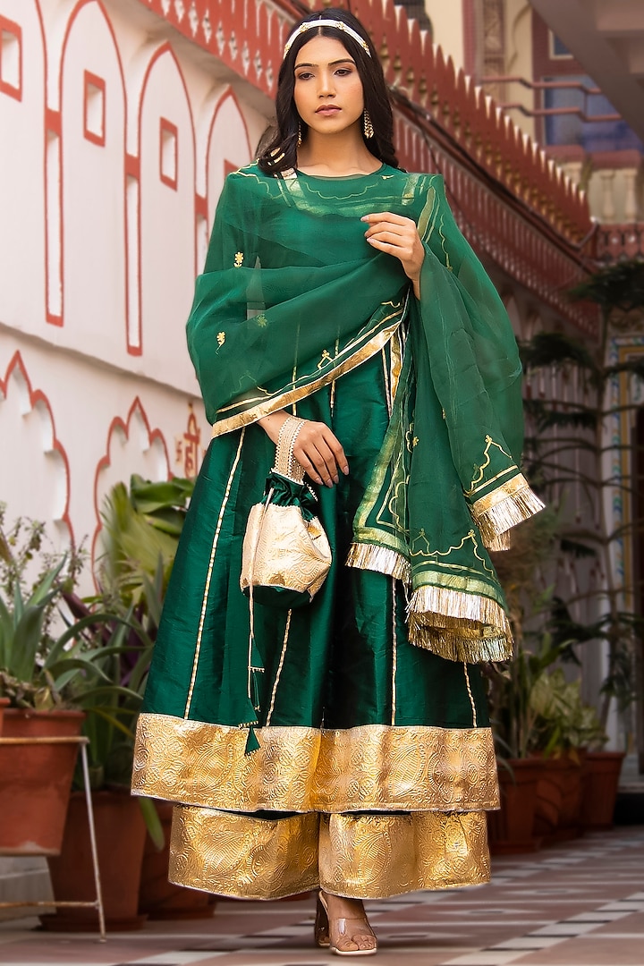 Green Taffeta Silk Sharara Set by Bannhi at Pernia's Pop Up Shop