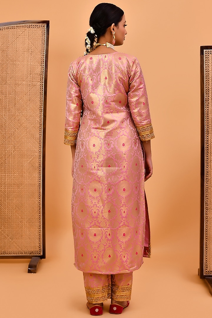 Pink & Gold Brocade Banarasi Handloom Kurta Set by Bannhi at Pernia's ...