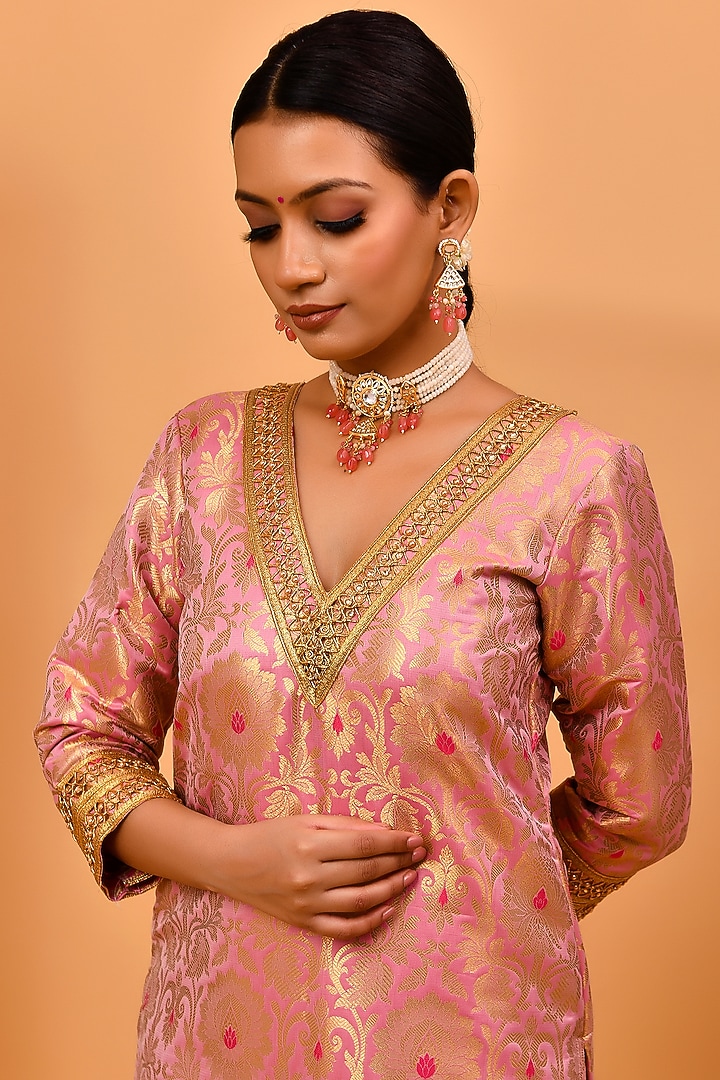 Light Pink - Elegant Banarasi Brocade Silk Kurta with Pant Set main image 1